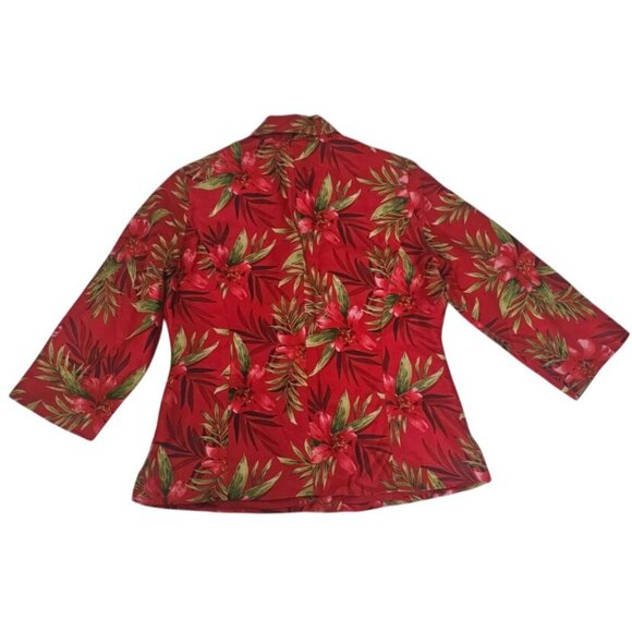 Silkland 100% Pure Silk Red Floral Print Button Front 3/4 Sleeve Blouse Size 10 - Picture 3 of 12